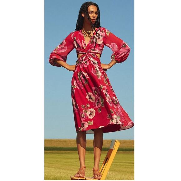 Anthropologie Ranna Gill Floral Cut-Out Midi Dress, Size Large, New with Tags